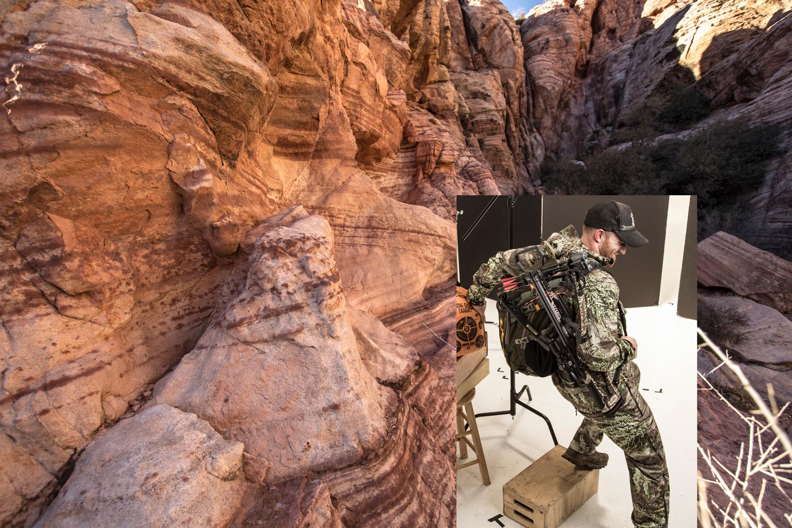 Man wearing gear climbing into a canyon before retouching